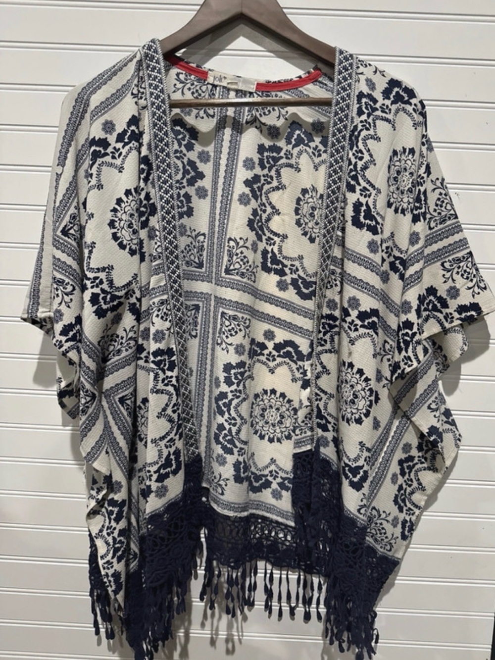 Jolt Womens Navy & White Damask Tile Print Fringe Flared Boho Shrug Kimono Sz L